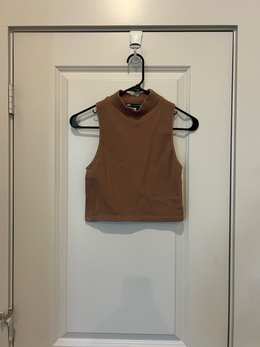 Zara Ribbed Mock Neck Sleeveless Crop Top - Brown